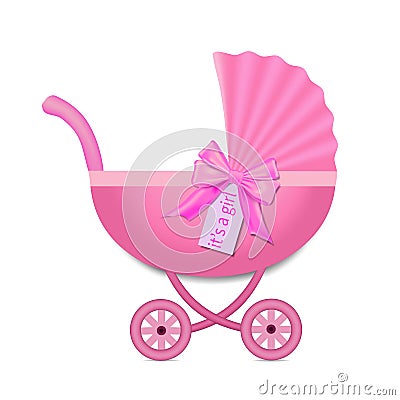 Pink Stroller with a bow for baby girl. Baby Shower invitation. Baby carriage in realistic style on isolated background. vector Stock Photo