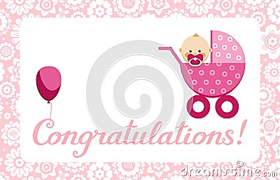 Congratulations, newborn baby girl, postcard, English, vector. Vector Illustration