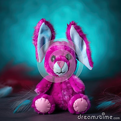 A pink stuffed rabbit sitting on top of a table. Generative AI image. Stock Photo