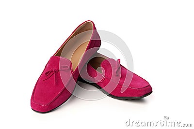 Pink suede woman`s moccasins shoes Stock Photo