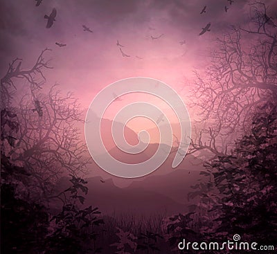 Pink sunrise over the hills and mountains with bright of the sun, warm silhouette landscape with vegetation and birds in the cloud Stock Photo