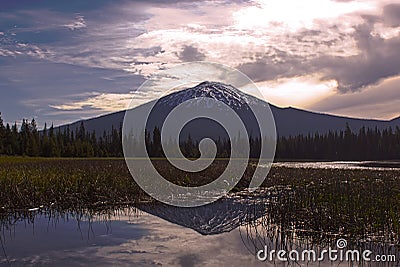 Pink Sunrise and Reflections at Hosmer Lake Stock Photo