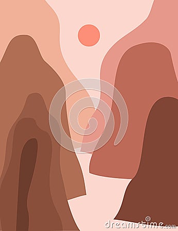 Pink sunset mountain landscape. Modern boho decor wallpaper Vector Illustration