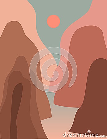 Pink sunset mountain landscape. Modern boho decor wallpaper Vector Illustration