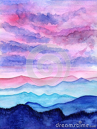 Pink sunset mountains lanscape watercolor Stock Photo