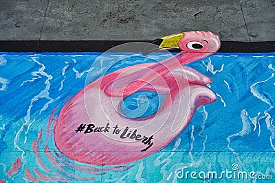 Pink Swan Swimming, Pavement Art Editorial Stock Photo