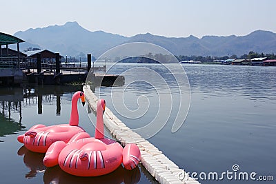 Pink swan toys in riverkwai river kanchanaburi province thailand Stock Photo