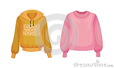 Pink Sweater and Sandy Hoody with Long Sleeves Vector Set Vector Illustration