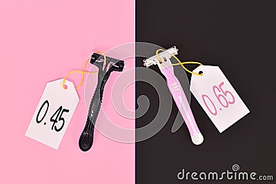 Pink tax and gender stereotypes concept showing pink and black razors marketed to specific genders with different price tags Stock Photo