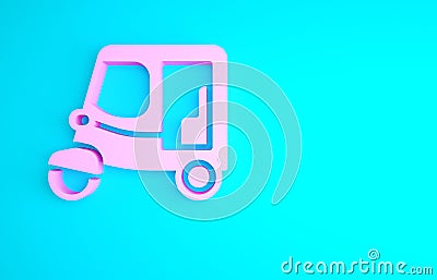 Pink Taxi tuk tuk icon isolated on blue background. Indian auto rickshaw concept. Delhi auto. Minimalism concept. 3d Cartoon Illustration
