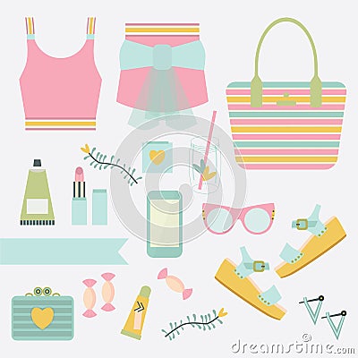 Pink and teal ladies summer fashion clothing and accessory set Vector Illustration