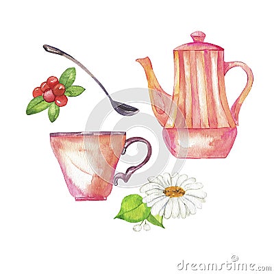 Pink teapot, cup, spoon, camomile and berry set. Watercolor. Cartoon Illustration