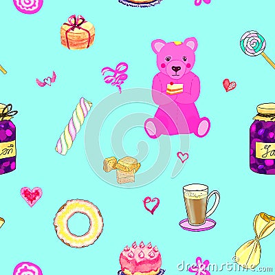 A pink teddy bear, jar of jam, coffe mug, cakes, sweets, sugar on mint background Stock Photo