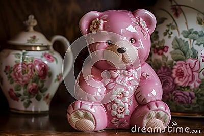 Pink Teddy Bear Piggy Bank - Cute Savings Container for Kids and Collectors Stock Photo