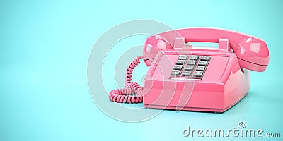 Pink telephone. Vintage retro push button telephone on cyan backgound Cartoon Illustration