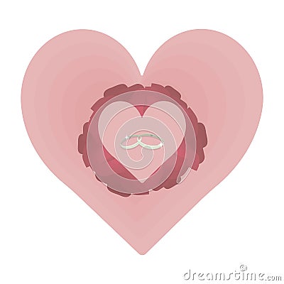 Pink tender heart with a composition of red rose petals with wedding silver rings with shadow isolated on white background vector Vector Illustration