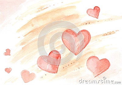 Pink tender hearts on a light pink background, painted with watercolor hearts. Stock Photo