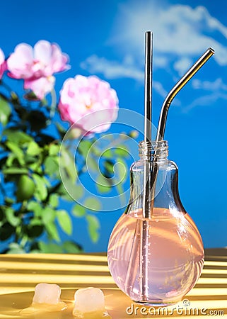 Pink Tequila Is Summer Drink. Tequila crafted with blue agave, uniquely finished for a month in red wine barrels. Stock Photo