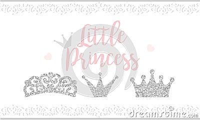 Pink text Little Princess on white background with lace. Cute silver glitter texture. Grey gloss effect. Birthday party and girl b Vector Illustration