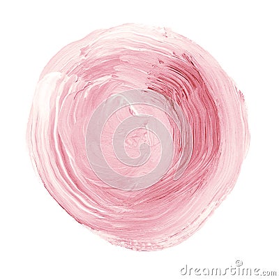 Pink textured acrylic circle. Watercolour stain on white background. Stock Photo