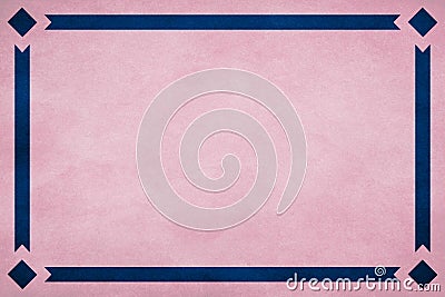 Pink textured parchment paper background. Blue ribbon border trim. Diamonds in corners. Stock Photo