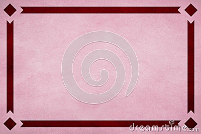 Pink textured parchment paper background. Red ribbon border trim. Diamonds in corners. Stock Photo