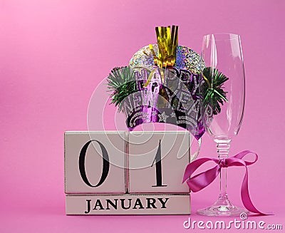 Pink theme Save the date with a Happy New Year, January 1 Stock Photo