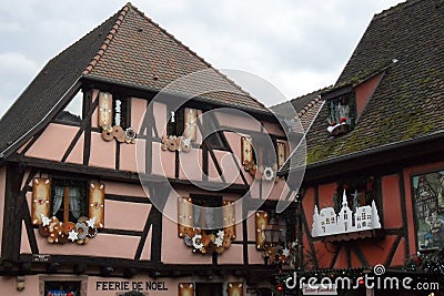 A pink timber-framed house in RibeauvillÃ© in France. Editorial Stock Photo