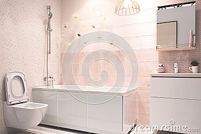 Pink tones modern bathroom interior with hanging toilet, sink, bath, faucet, mirror, shower, furniture and accessories Stock Photo