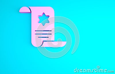 Pink Torah scroll icon isolated on blue background. Jewish Torah in expanded form. Star of David symbol. Old parchment Cartoon Illustration