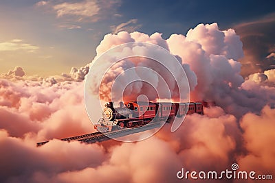 A pink train traveling through a cloudy blue sky. Smoke from the chimney of a retro locomotive Stock Photo