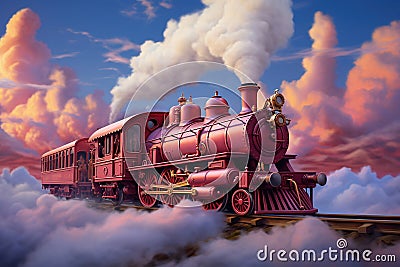 A pink train traveling through a cloudy blue sky. Smoke from the chimney of a retro locomotive Stock Photo