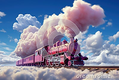 A pink train traveling through a cloudy blue sky. Smoke from the chimney of a retro locomotive Stock Photo