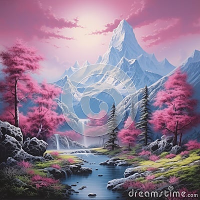 Spray Paint Landscape: Realistic Fantasy Artwork With Pink Blossoms Stock Photo