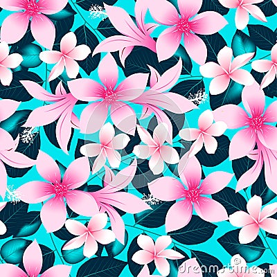 Pink tropical hibiscus flowers with blue leaves seamless pattern Vector Illustration