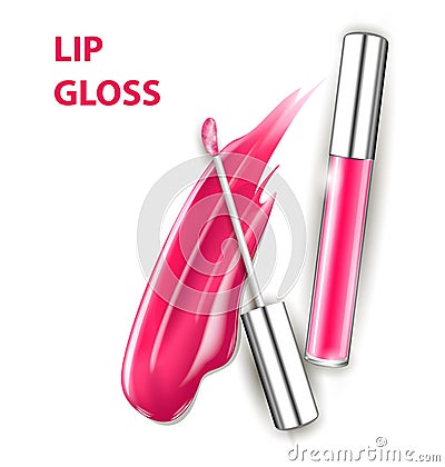 Pink tube lip gloss with brush isolated on white background. Template Cartoon Illustration