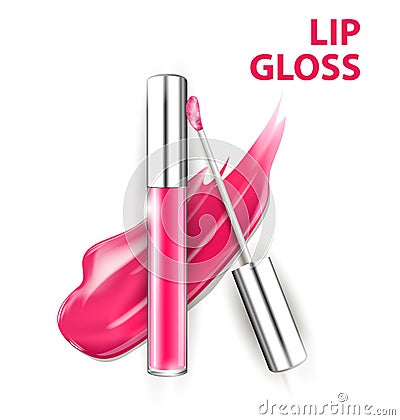 Pink tube lip gloss with brush isolated on white background. Template Cartoon Illustration