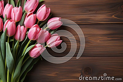 Pink tulip bunch on rustic barn wood planks, perfect for text Stock Photo