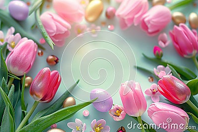 Pink tulips and Easter eggs form cheerful springtime background Stock Photo