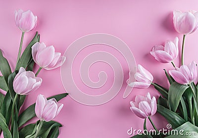 Pink tulips flowers over light pink background. Greeting card or wedding invitation. Flat lay, top view Stock Photo