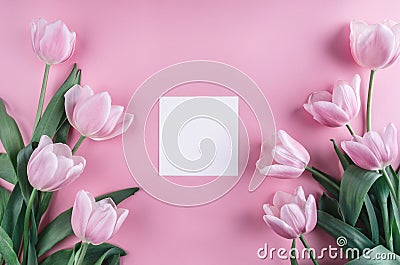 Pink tulips flowers and sheet of paper over light pink background. Saint Valentines Day frame or background. Stock Photo