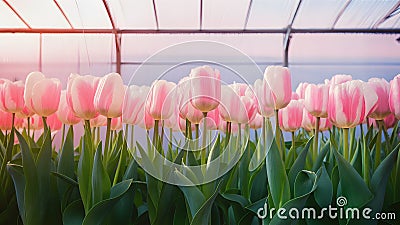 Pink tulips in greenhouse against soft pastel background Stock Photo