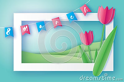 Pink Tulips. Paper cut flower. 8 March. Women`s Day. Rectangle frame Vector Illustration