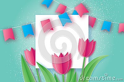 Pink Tulips. Paper cut flower. 8 March. Women`s Day. Square frame Vector Illustration