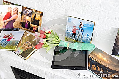 pink tulips on the photobook on a light background Stock Photo