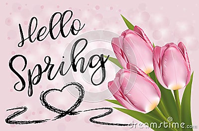 Pink tulips on pink background with blurred circles gift card and hi spring inscription Vector Illustration