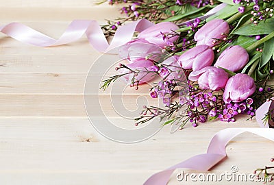 Pink Tulips and Ribbon Stock Photo