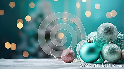 Pink, turquoise and purple satin Christmas balls with small lights around them. Stock Photo