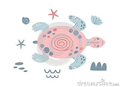 Pink turtle. Cute baby ocean animal Girl summer sea element girls nautical print cute pink turtle Vector Stock Photo