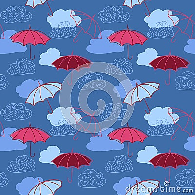 Pink Umbrellas and clouds. Outline,doodle, seamless pattern. Vector Stock Photo